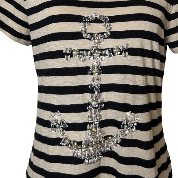 2/$30 Style&Co Black and Tan Stripe Anchor Novelty Crystal Casual Glam T-Shirt S - Picture 6 of 8